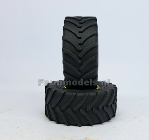 JD 8R 410: 2x Michelin Axiobib2  &Oslash;  70.3 x 30.4 mm Banden + RESIN Velgen JOHN DEERE GEEL GESPOTEN geleverd 1:32    Farmmodels Premium Line Series  