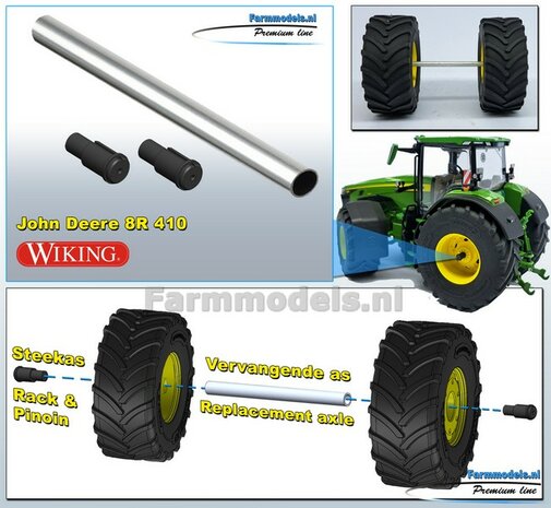 JD 8R 410: 2x Michelin Axiobib2  &Oslash;  70.3 x 30.4 mm Banden + RESIN Velgen JOHN DEERE GEEL gespoten  1:32 Farmmodels Premium Line Series 