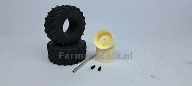 JD 8R 410: 2x Michelin Axiobib2  &Oslash;  70.3 x 30.4 mm Banden + RESIN Velgen BLANK geleverd 1:32    Farmmodels Premium Line Series  