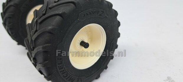 JD 8R 410: 2x Michelin Axiobib2  &Oslash;  70.3 x 30.4 mm Banden + RESIN Velgen BLANK geleverd 1:32    Farmmodels Premium Line Series  