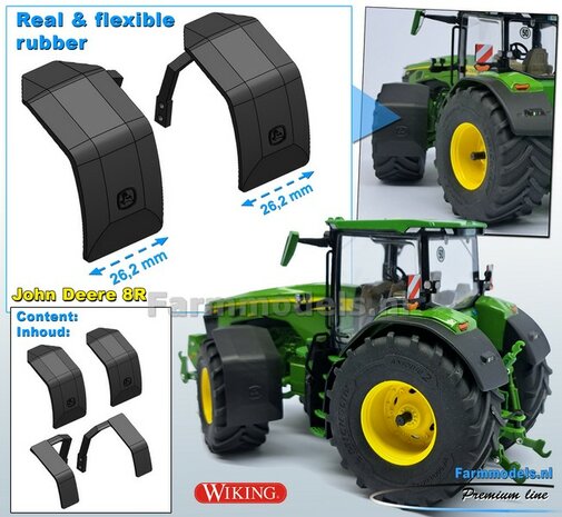 2x JOHN DEERE 8R ZWARTE &amp; FLEXIBELE spatborden 26.2 mm breed MET LOSSE STEUNEN, t.b.v. de vooras JD 8R 410 Wiking 1:32 Farmmodels Premium Line