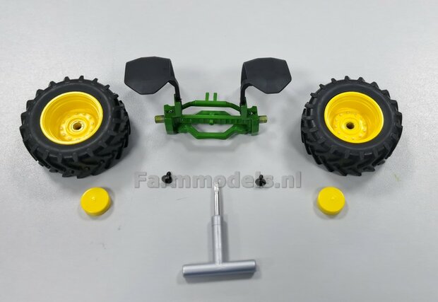 2x JOHN DEERE 8R ZWARTE &amp; FLEXIBELE spatborden 26.2 mm breed MET LOSSE STEUNEN, t.b.v. de vooras JD 8R 410 Wiking 1:32 Farmmodels Premium Line