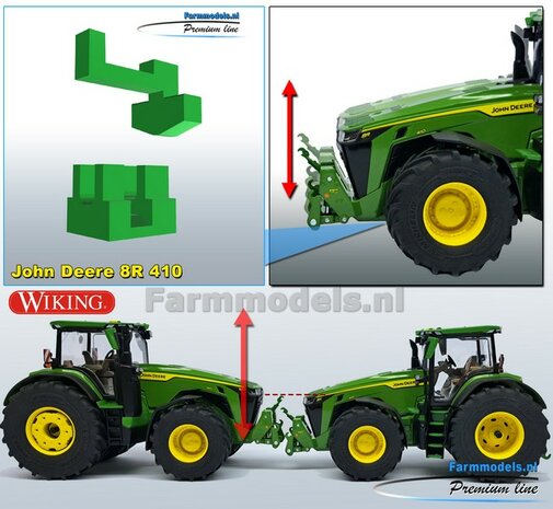 John Deere 8R 410 VOORAS VERHOOG SET, RESIN,  John Deere GROEN Gespoten geleverd 1:32    Farmmodels Premium Line Series