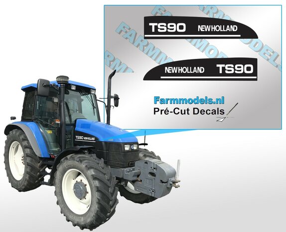 TS90 NEW HOLLAND, Pr&eacute;-Cut Decals op mat zwarte folie 1:32 Farmmodels.nl