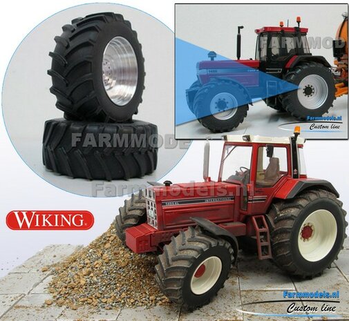 CASE IH 1455 &amp; IH WIKING: 2x Brede Banden &Oslash; 61 x 25 mm + ALUMINIUM velgen BLANK geleverd 1:32 Farmmodels Custom Line Series 