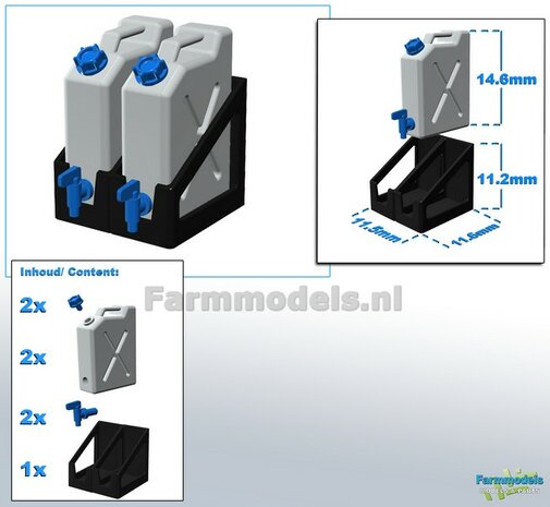 2x WATER JERRYCAN WIT MATT+ DUO OPHANG FRAME ZWART GLANS + losse doppen &amp; losse watertap kraantjes BLAUW  Materiaal RESIN in KLEUR geleverd 1:32