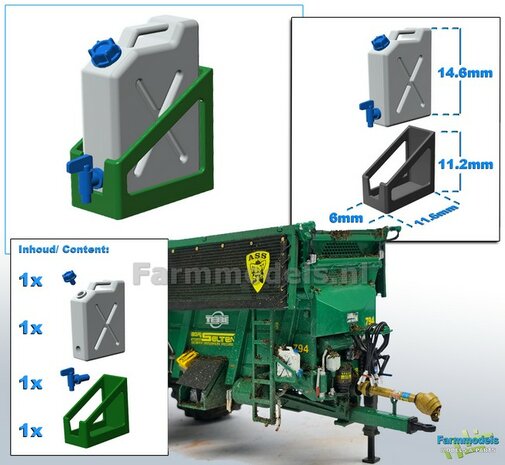 1x WATER JERRYCAN WIT MATT + OPHANG FRAME TEBBE GROEN + losse dop &amp; los watertap kraantje BLAUW  Materiaal resin in KLEUR geleverd 1:32