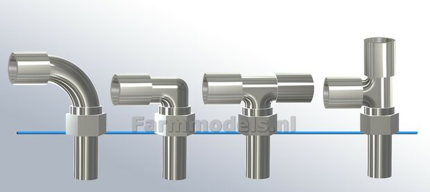 4x T-STUK-koppelingen, geschikt voor hydroliek leiding van &Oslash; 0.8 mm  3D geprint kunststof aluminium gespoten geleverd  1:32     