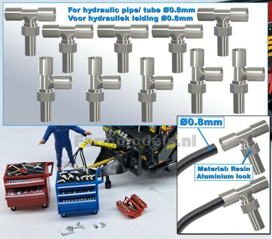 10x T-STUK-koppelingen, geschikt voor hydroliek leiding van &Oslash; 0.8 mm  3D geprint kunststof aluminium gespoten geleverd  1:32     