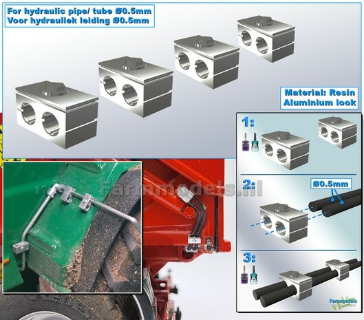 4x DUO BUISKLEM voor leidingen t/m &Oslash; 0.5 mm VAST BLOK uitvoering Resin, ALUMINIUM Gespoten geleverd 1:32                       