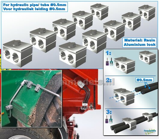 10x DUO BUISKLEM voor leidingen t/m &Oslash; 0.5 mm VAST BLOK uitvoering Resin, ALUMINIUM Gespoten geleverd 1:32                       