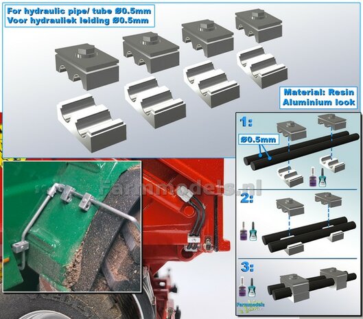 4x DUO BUISKLEM voor leidingen t/m &Oslash; 0.5 mm GEDEELD BLOK uitvoering Resin, ALUMINIUM Gespoten geleverd 1:32                       