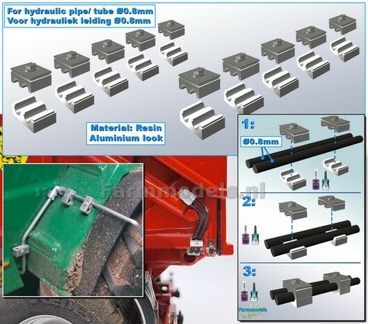 10x DUO BUISKLEM voor leidingen t/m &Oslash; 0.5 mm GEDEELD BLOK uitvoering Resin, ALUMINIUM Gespoten geleverd 1:32                       