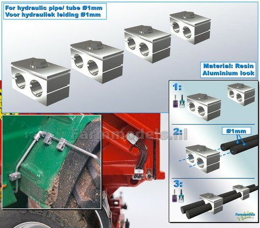 4x DUO BUISKLEM voor leidingen t/m &Oslash; 1 mm VAST BLOK uitvoering Resin, ALUMINIUM Gespoten geleverd 1:32                       