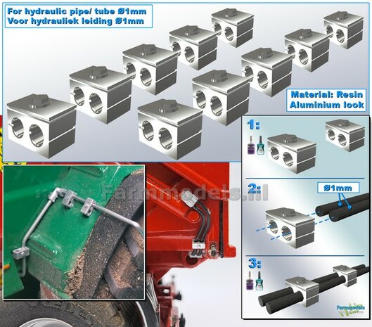 10x DUO BUISKLEM voor leidingen t/m &Oslash; 1 mm VAST BLOK uitvoering Resin, ALUMINIUM Gespoten geleverd 1:32                       