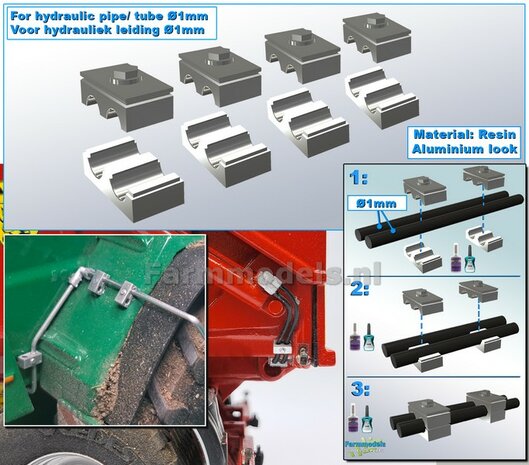 4x DUO BUISKLEM voor leidingen t/m &Oslash; 1 mm GEDEELD BLOK uitvoering Resin, ALUMINIUM Gespoten geleverd 1:32                       