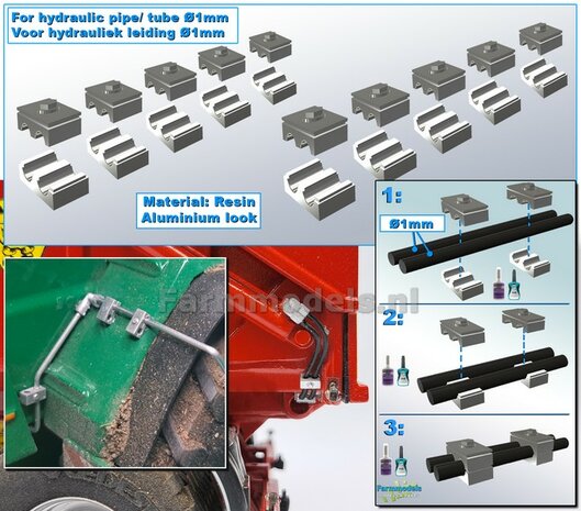 10x DUO BUISKLEM voor leidingen t/m &Oslash; 1 mm GEDEELD BLOK uitvoering Resin, ALUMINIUM Gespoten geleverd 1:32                       