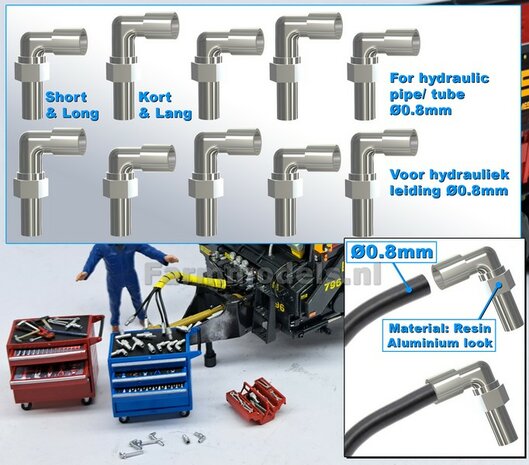 10x KNIE-koppelingen  (5x kort + 5x Lang) geschikt voor hydroliek leiding van &Oslash; 0.8 mm  3D geprint kunststof aluminium gespoten geleverd  1:32     