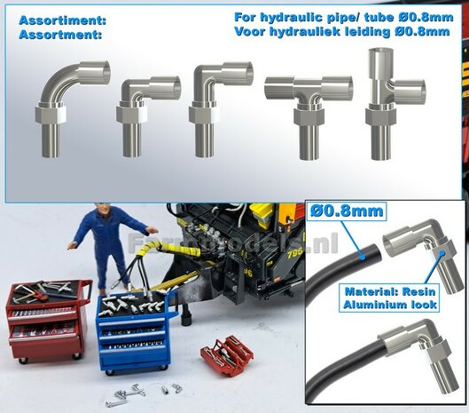 ASSORTI: 1x KNIE- KORT, 1x KNIE- LANG, 1x BOCHT, 2x T-STUK koppelingen, geschikt voor hydroliek leiding van &Oslash; 0.8 mm  3D Resin aluminium gespoten 1:32     