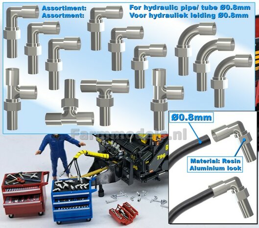 ASSORTI: 3x KNIE- KORT, 3x KNIE- LANG, 3x BOCHT, 4x T-STUK koppelingen, geschikt voor hydroliek leiding van &Oslash; 0.8 mm 3D Resin aluminium gespoten 1:32     