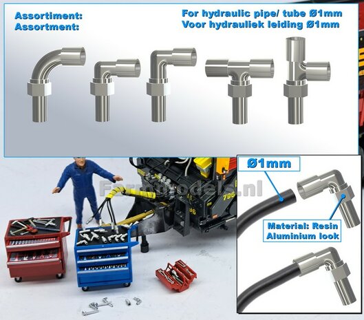 ASSORTI: 1x KNIE- KORT, 1x KNIE- LANG, 1x BOCHT, 2x T-STUK koppelingen, geschikt voor hydroliek leiding van &Oslash; 1 mm  3D Resin aluminium gespoten 1:32     