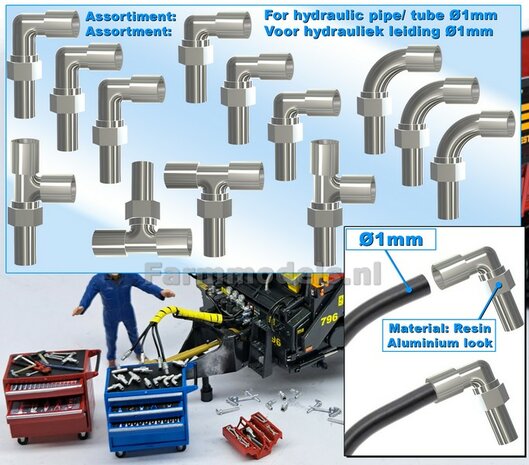 ASSORTI: 3x KNIE- KORT, 3x KNIE- LANG, 3x BOCHT, 4x T-STUK koppelingen, geschikt voor hydroliek leiding van &Oslash; 1 mm  3D Resin aluminium gespoten 1:32     