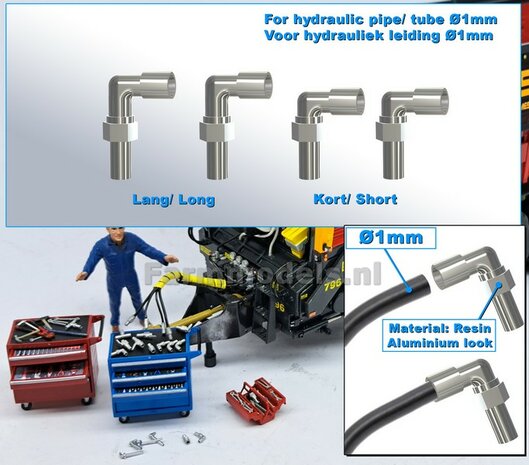 4x KNIE-koppelingen (2x kort + 2x Lang)  geschikt voor hydroliek leiding van &Oslash; 1 mm  3D geprint kunststof aluminium gespoten geleverd  1:32     