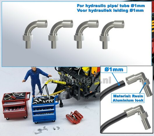 4x BOCHT-koppelingen, geschikt voor hydroliek leiding van &Oslash; 1 mm  3D geprint kunststof aluminium gespoten geleverd  1:32     