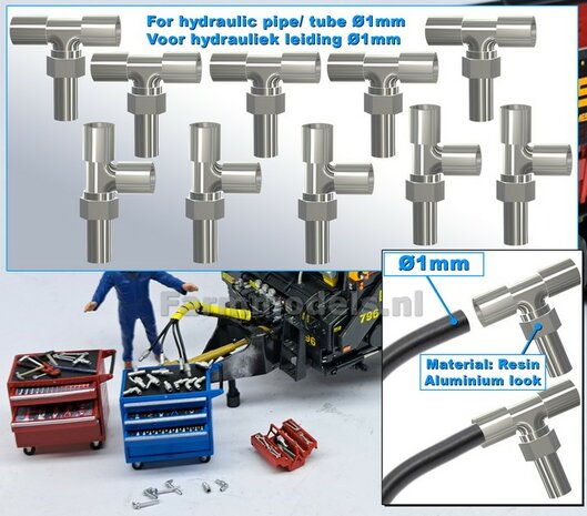 10x T-STUK-koppelingen, geschikt voor hydroliek leiding van &Oslash; 1 mm  3D geprint kunststof aluminium gespoten geleverd  1:32     