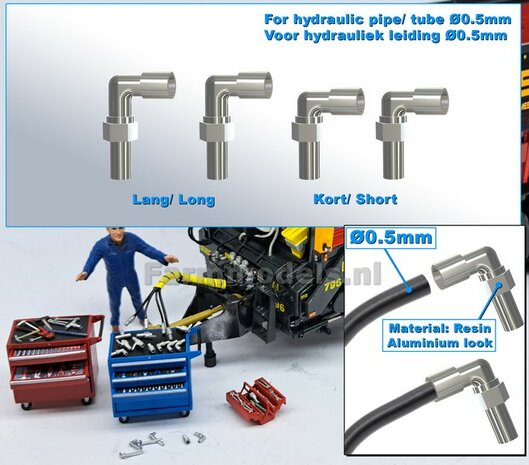 4x KNIE-koppelingen (2x kort + 2x Lang)  geschikt voor hydroliek leiding van &Oslash; 0.5 mm  3D geprint kunststof aluminium gespoten geleverd  1:32     