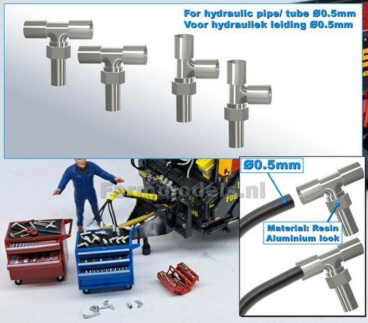 4x T-STUK-koppelingen, geschikt voor hydroliek leiding van &Oslash; 0.5 mm  3D geprint kunststof aluminium gespoten geleverd  1:32     