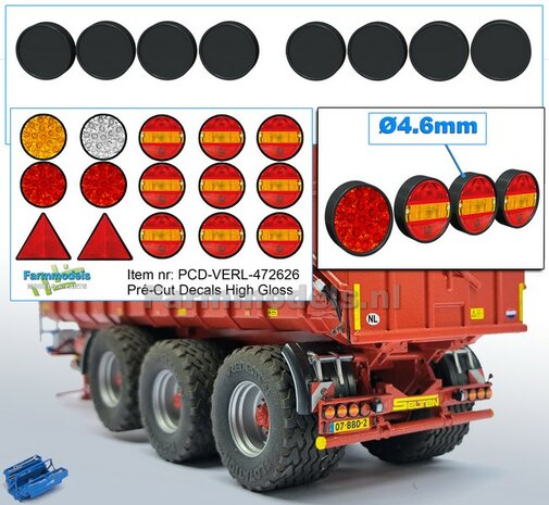 8x ZWARTE ACHTERLICHT KAPJES &Oslash; 4.6mm + 9x HAMBURGER- + 4x Overige Achterlichten + 2x Driehoekreflectors, alles met HIGH GLOSS  1:32 