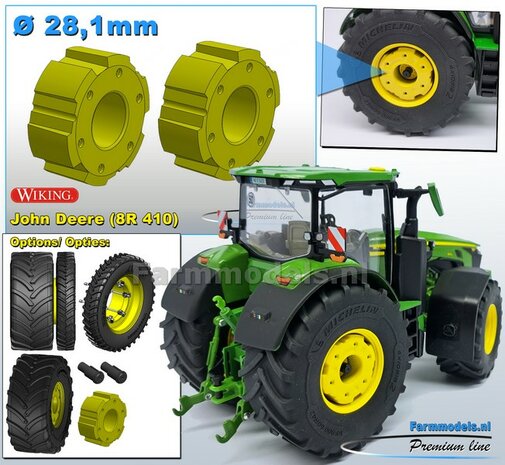 2x JOHN DEERE (8R) WIELGEWICHTEN   &Oslash;28.1mm x 11.5mm hoog  Resin JOHN DEERE GEEL Gespoten geleverd  1:32  Farmmodels Premium Line