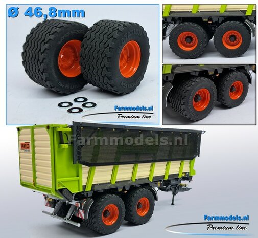 2x Vredestein Flotation Pro Banden &Oslash; 46.8 mm met CLAAS ORANJE gespoten Velgen + 4x O-RINGEN 1:32   Farmmodels Premium Line Series