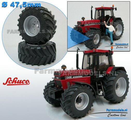 CASE IH SCHUCO: 2x Brede Banden &Oslash; 47.5 x 20.5 mm + ALU. velgen ALUMINIUM METALIC gespoten geleverd 1:32 Farmmodels Custom Line Series  