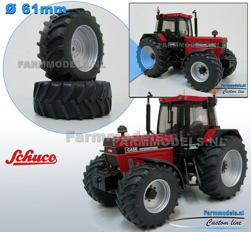 CASE IH 1455 SCHUCO: 2x Brede Banden &Oslash; 61 x 25 mm + ALU. velgen ALUMINIUM METALIC Gespoten geleverd 1:32 Farmmodels Custom Line Series 