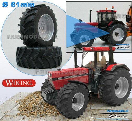 CASE IH 1455 WIKING: 2x Brede Banden &Oslash; 61 x 25 mm + ALU. velgen ALUMINIUM METALIC Gespoten geleverd 1:32 Farmmodels Custom Line Series 