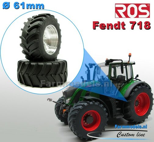 Fendt 718 ROS Brede Achteras banden  &Oslash; 61 mm x 25 mm + ALUMINIUM velgen BLANK geleverd 1:32 Farmmodels Custom Line Series 