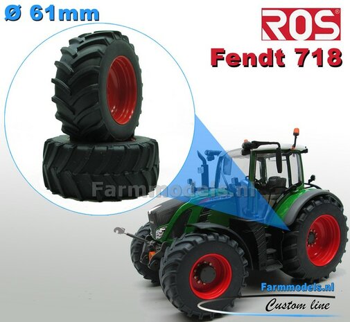 Fendt 718 ROS Brede Achteras banden  &Oslash; 61 mm x 25 mm + ALUMINIUM velgen FENDT ROOD gespoten 1:32 Farmmodels Custom Line Series 