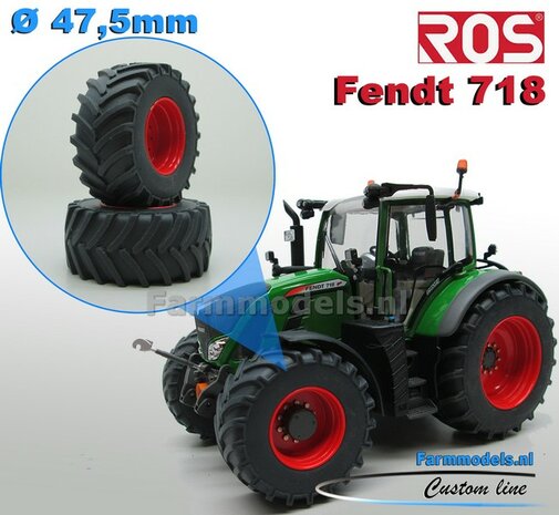 Fendt 718 ROS Brede Vooras banden  &Oslash; 47.5 mm x 20,5 mm breed + ALUMINIUM velgen FENDT ROOD gespoten 1:32 Farmmodels Custom Line Series 