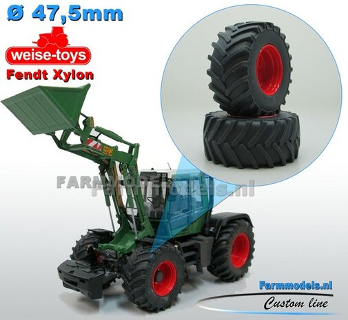 Fendt Xylon WeiseToys: Brede Vooras banden &Oslash; 47.5 mm x 20,5 mm breed + ALUMINIUM velgen FENDT ROOD Gespoten 1:32 Farmmodels Custom Line Series 