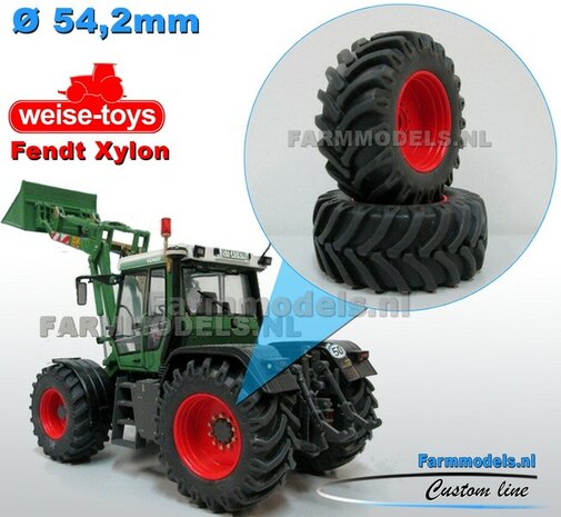 Fendt Xylon WeiseToys: Brede Achteras banden &Oslash; 54.2 mm x 22.7 mm breed + ALUMINIUM velgen FENDT ROOD Gespoten 1:32 Farmmodels Custom Line Series