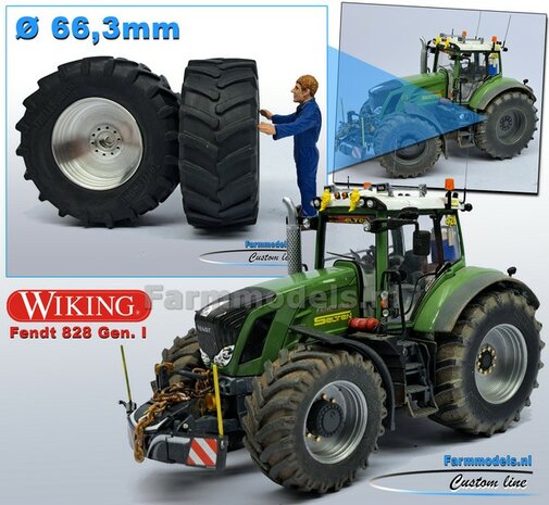 Fendt 828 GEN. 1: 2x Trelleborg Brede Banden &Oslash; 66.3 x 28.5 mm + ALUMINIUM velgen BLANK geleverd  1:32    Farmmodels Custom Line Series