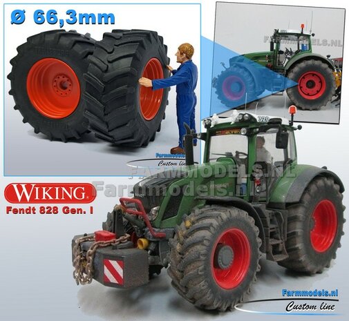 Fendt 828 GEN. 1: 2x Trelleborg Brede Banden &Oslash; 66.3 x 28.5 mm + ALUMINIUM velgen FENDT ROOD gespoten  1:32    Farmmodels Custom Line Series