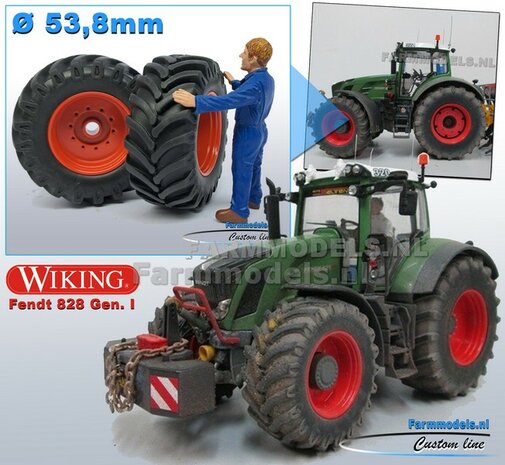 Fendt 828 GEN. 1: 2x Brede Banden &Oslash; 53.8 x 22.5 mm + ALUMINIUM velgen FENDT ROOD gespoten 1:32    Farmmodels Custom Line Series