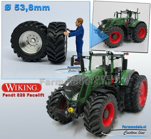 Fendt 828 FACELIFT: 2x Brede Banden &Oslash; 53.8 x 22.5 mm + ALUMINIUM velgen BLANK geleverd  1:32    Farmmodels Custom Line Series