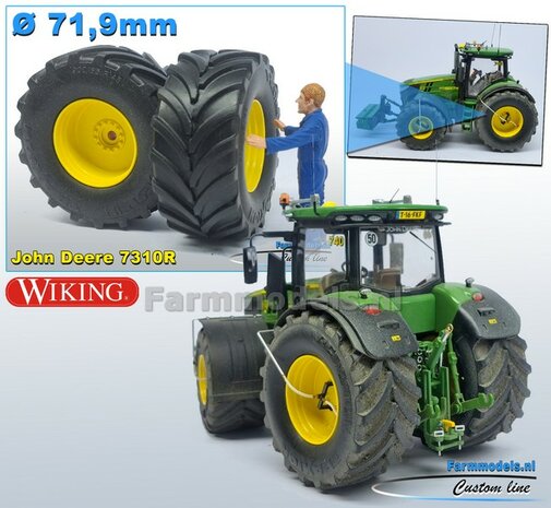 JD 7310R: 2x Vredestein Traxion 900/65 R45 Banden &Oslash; 71.9 x 32.5 mm + KUNSTSTOF Velgen JOHN DEERE GEEL gespoten  1:32    Farmmodels Custom Line Series