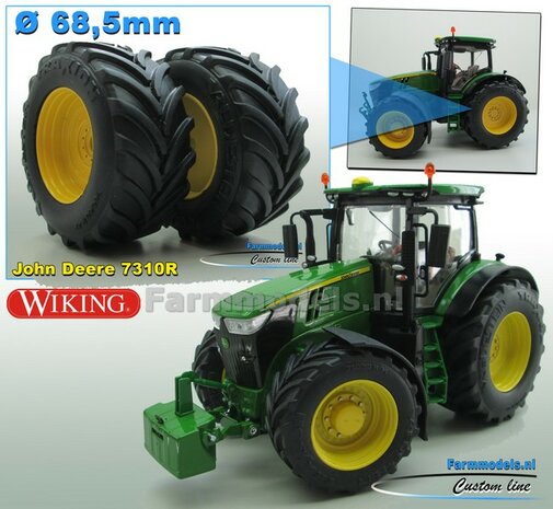 JD 7310R: 2x Vredestein Traxion Banden &Oslash;  68.5 x 32 mm + JD GEEL Gespoten Velgen 1:32 Farmmodels Custom Line Series