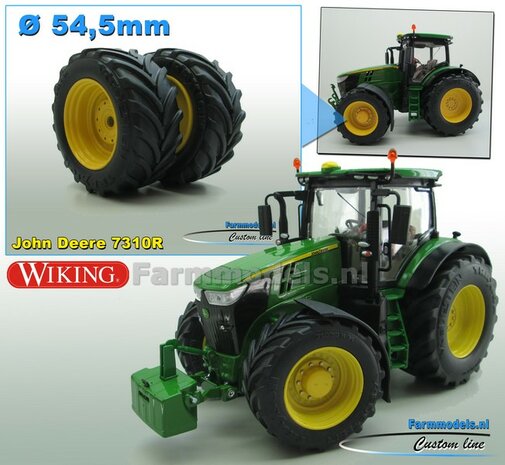 JD 7310R: 2x Vredestein Traxion Banden &Oslash; 54.5 x 23.5 mm + ALUMINIUM velgen JOHN DEERE GEEL gespoten  1:32   Farmmodels Custom Line Series