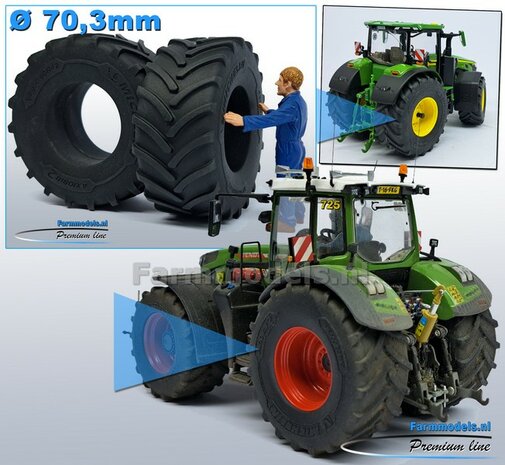 2x Michelin Axiobib2  &Oslash;  70.3 x 30.4 mm Banden ZONDER Velgen. Velggat band ong.: &Oslash; 33.3 mm   1:32    Farmmodels  Premium Line Series  